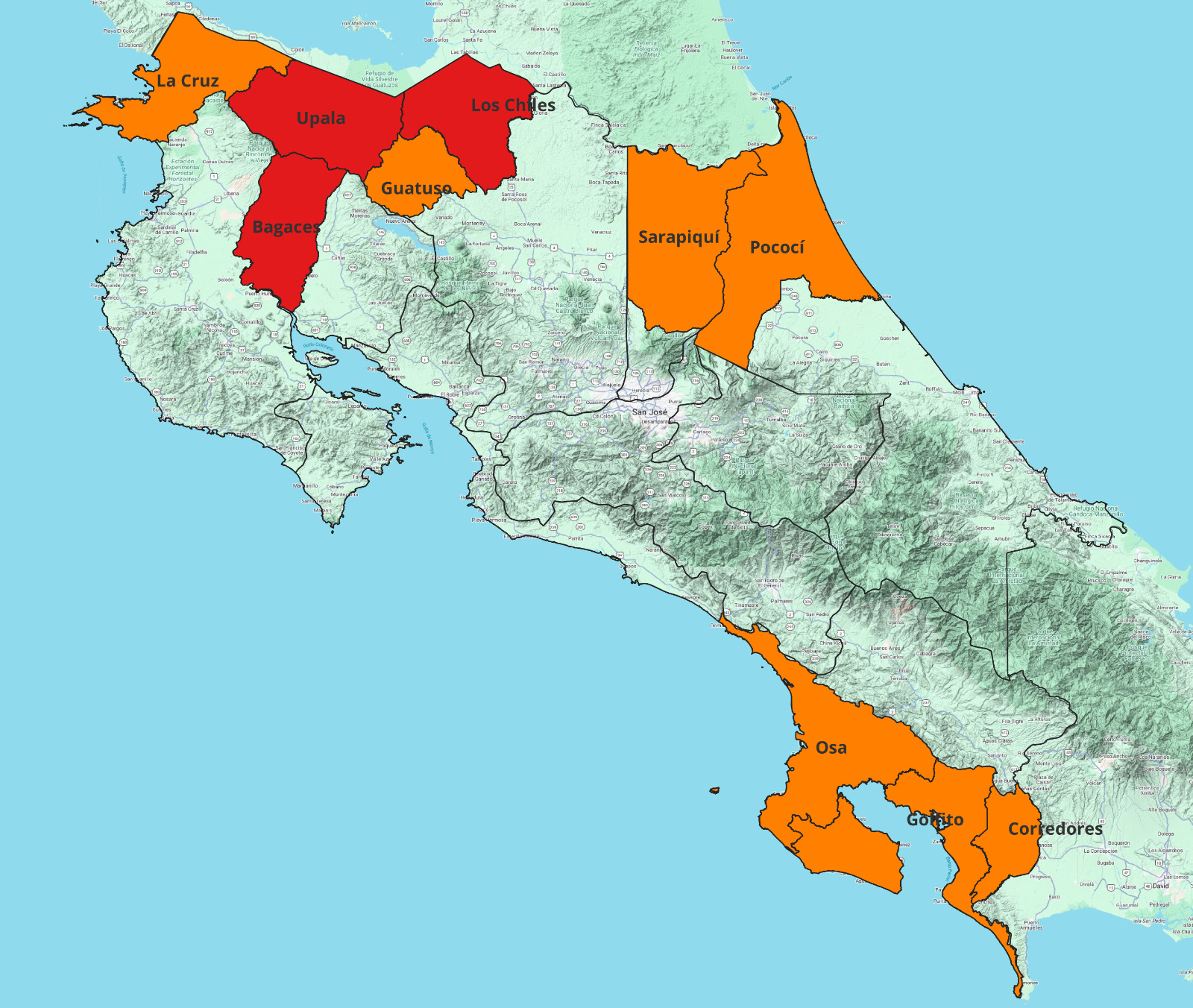 Mapa de cantones más afectados por el huracán Otto