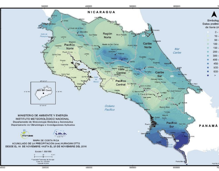 Mapa de lluvia acumulada estimada por el huracán Otto